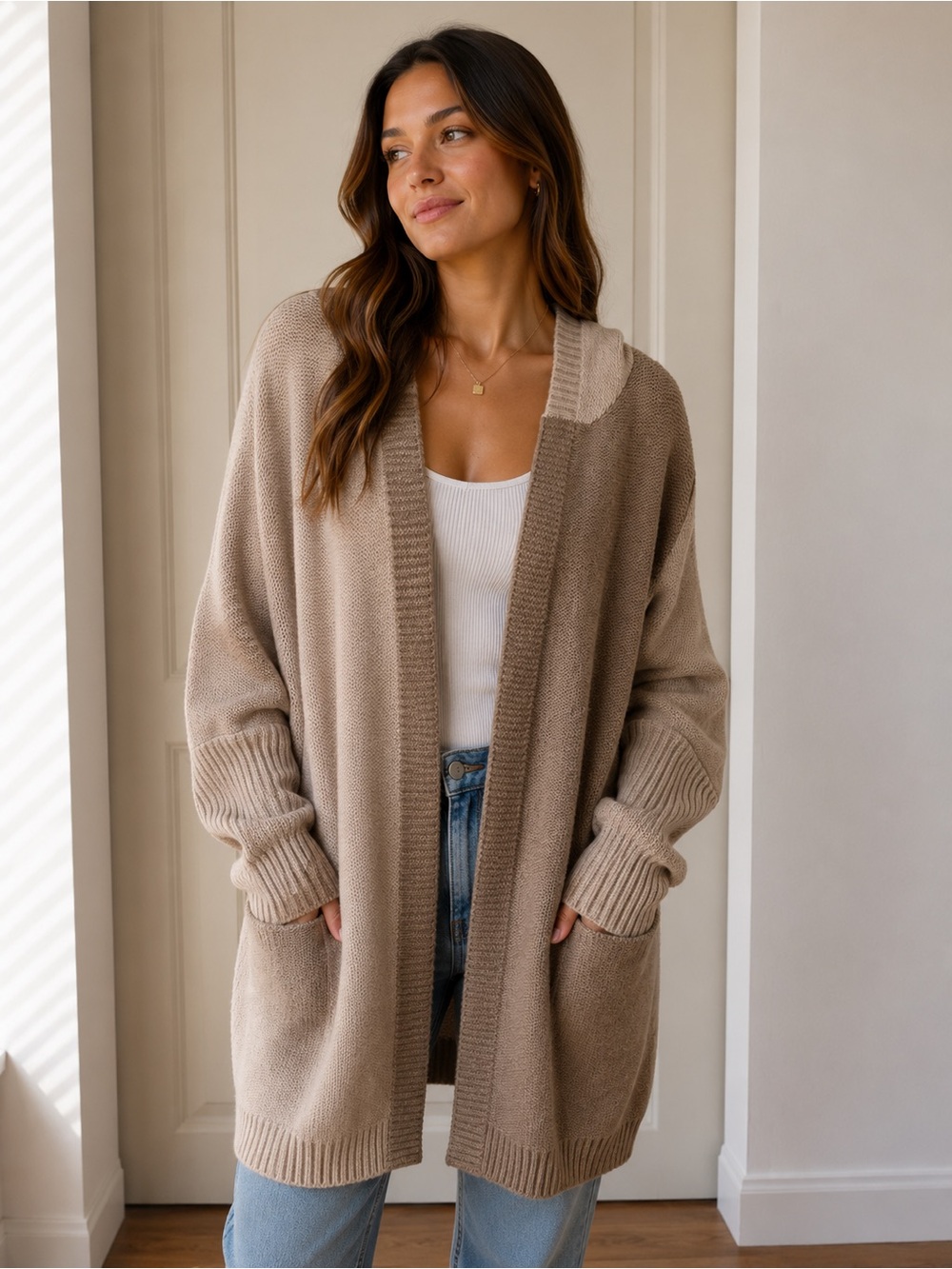 Women's Open Front Beige Cardigan Sweater